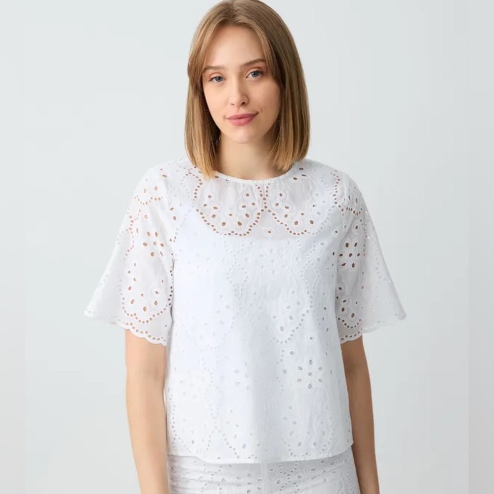 Jennifer & Grace White Eyelet 100% Cotton Relaxed Fit Openwork Round Neck Blouse